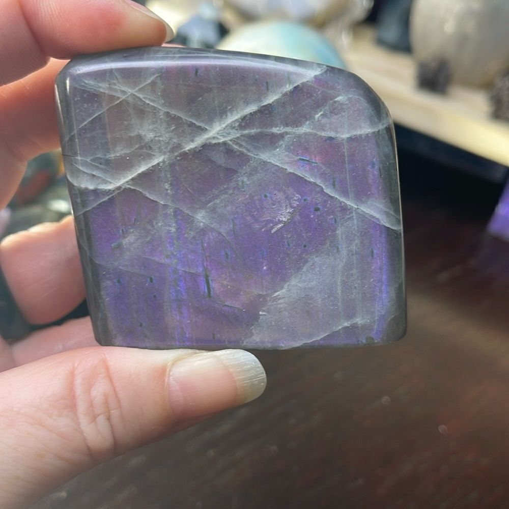 Pink Purple Flash Labradorite Mountain with rainbow on face